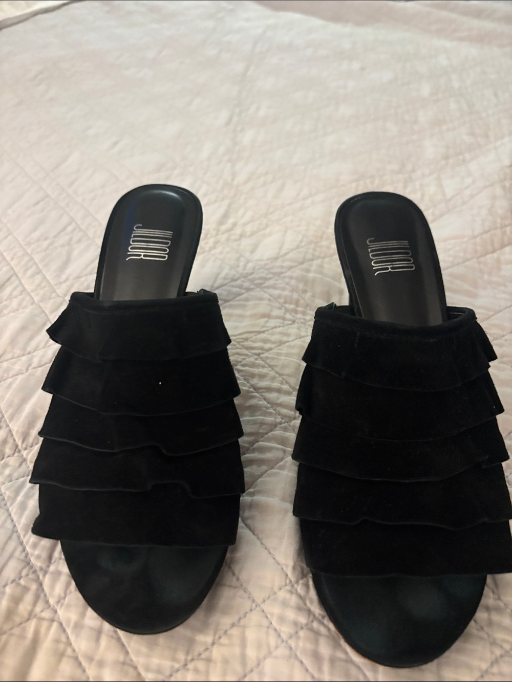 J/Slides Black Ruffle Slide Mules